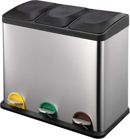 Stainless Steel 3-in-1 Pedal Recycling Bin – 45L (15L x 3) | Triple Trash Can with Lid for Kitchen or Office